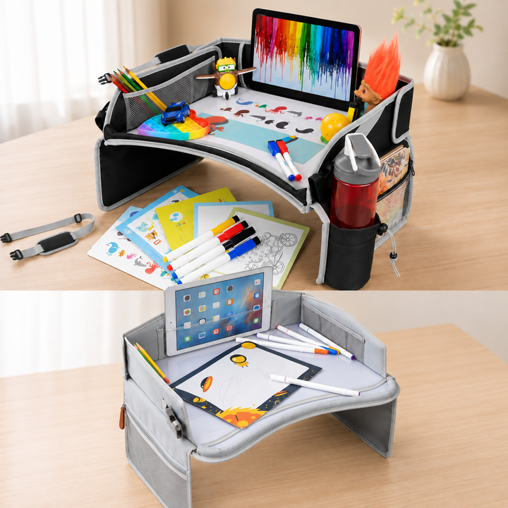 Black and gray travel trays shown with tablets, coloring pages, pencils, and toys