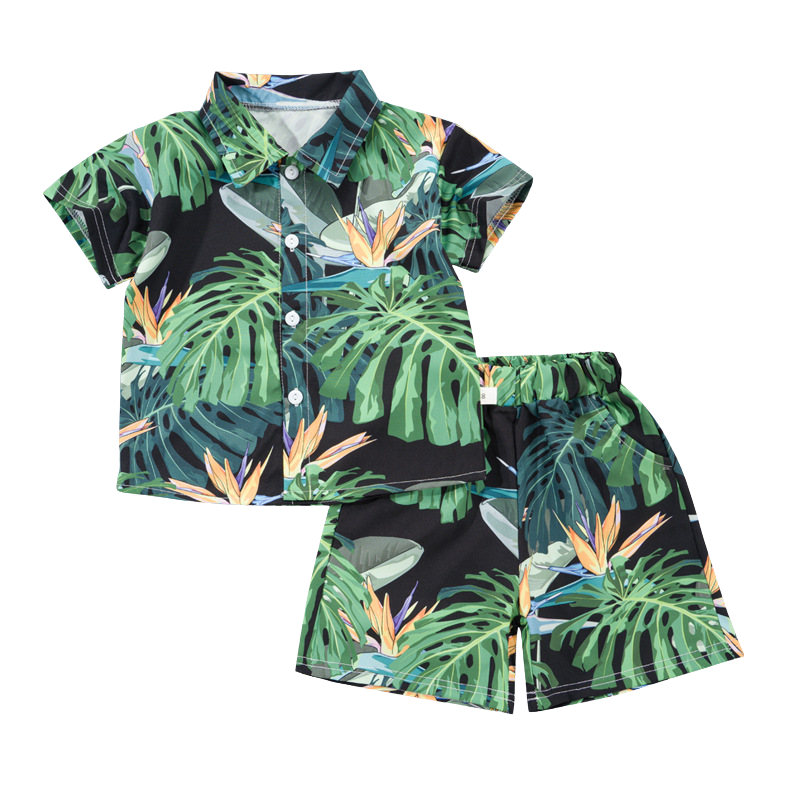 Black shirt and shorts with green jungle leaves and orange flowers