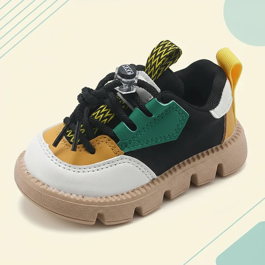 Black and green sneaker with adjustable laces, a yellow heel tab and a thick tan sole