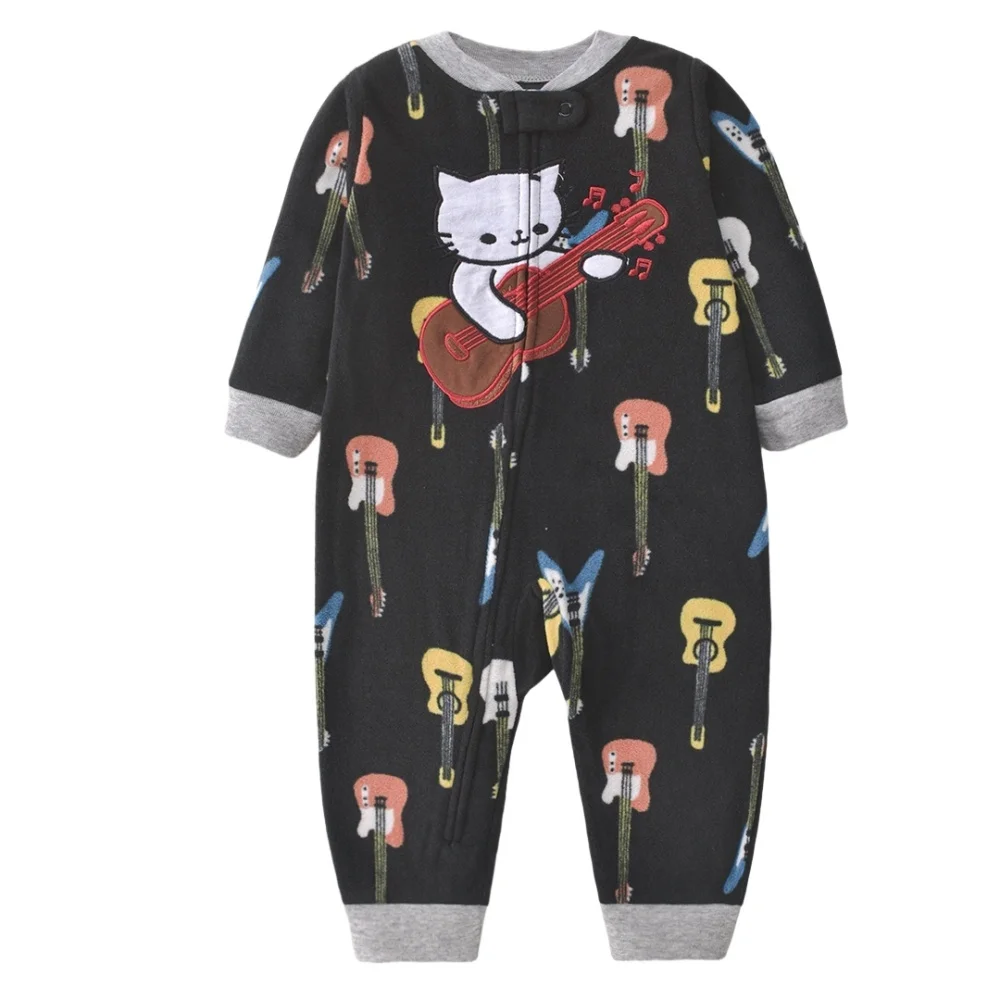 Black fleece baby jumpsuit with a guitar-playing cat, guitar print and gray cuffs