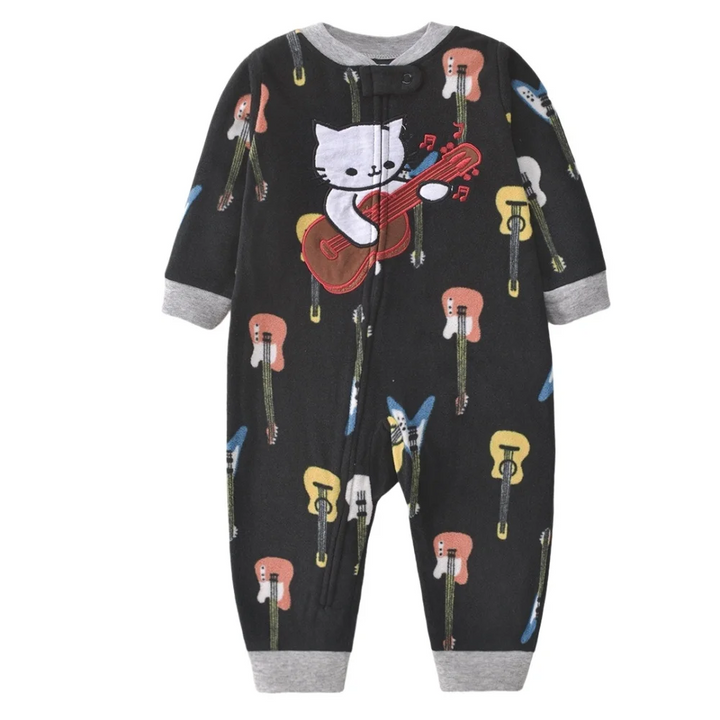Black fleece baby jumpsuit with a guitar-playing cat, guitar print and gray cuffs