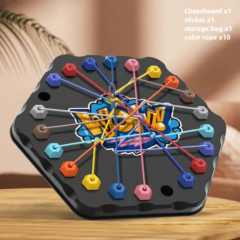 Black hexagonal puzzle board with multicolored ropes crossed between peg positions.