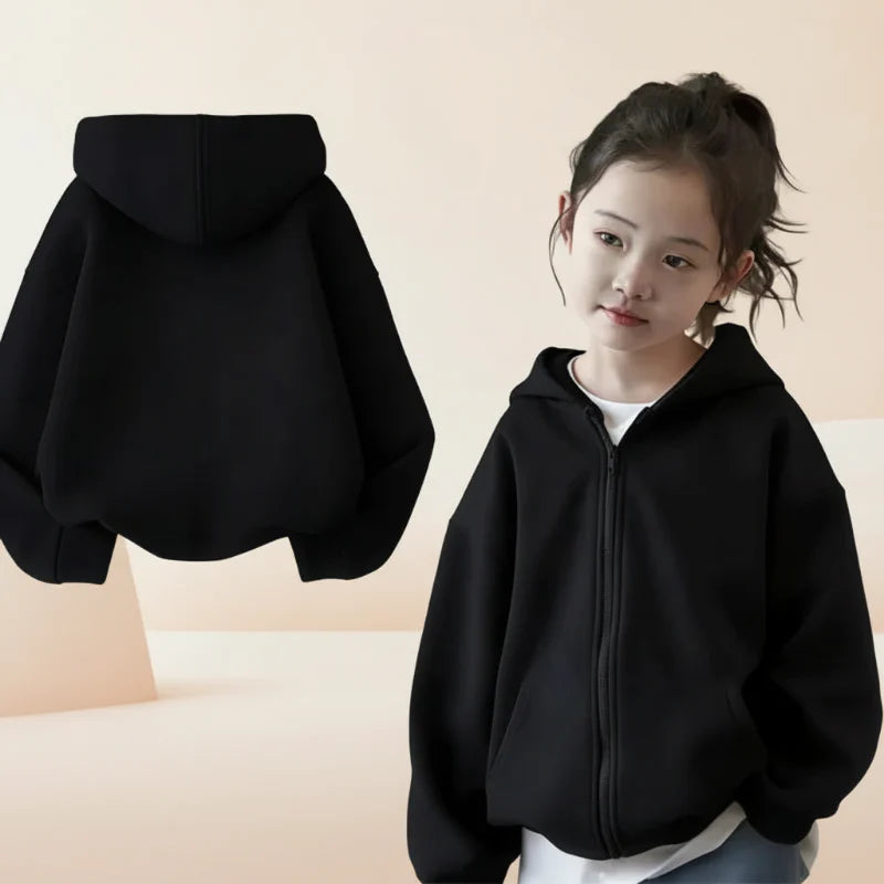 Child wearing a black zip-up hoodie beside a rear view showing the hood.