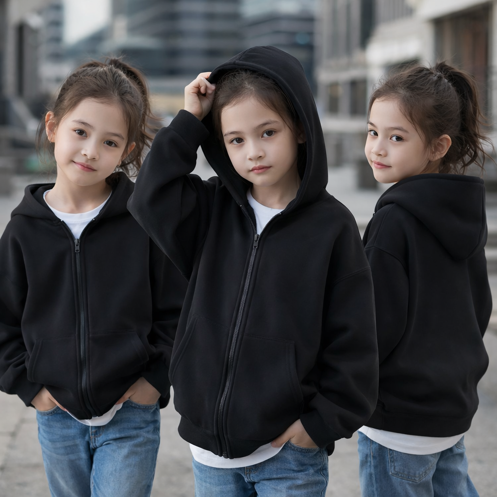 Child modeling a black zip-up hoodie with the hood up and down.