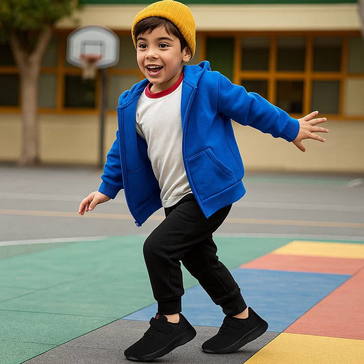 Child in a blue jacket wearing black sneakers on a colorful outdoor court