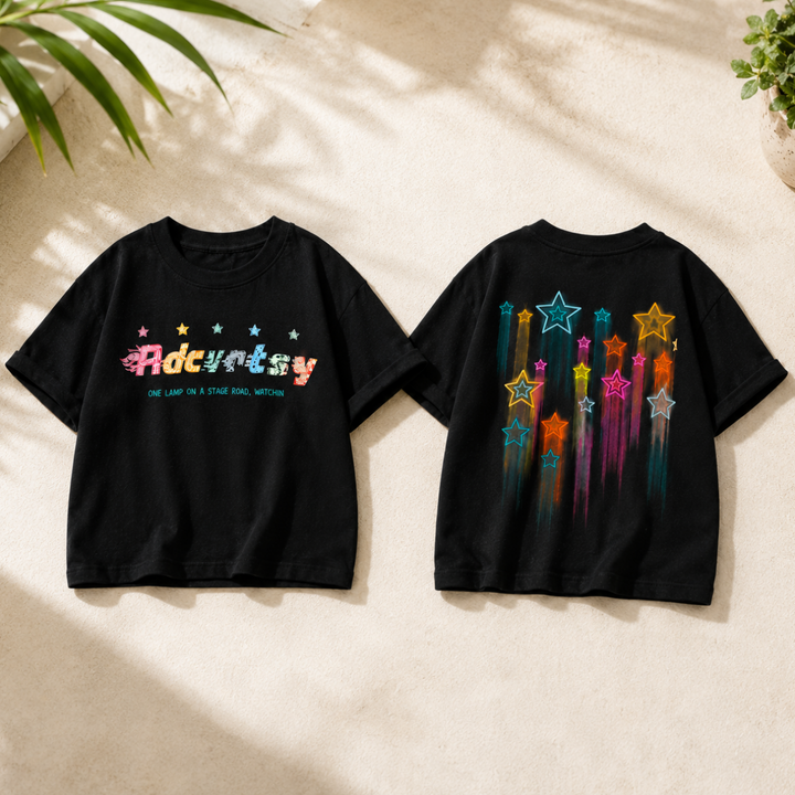 Front and back of a black short-sleeve kids&