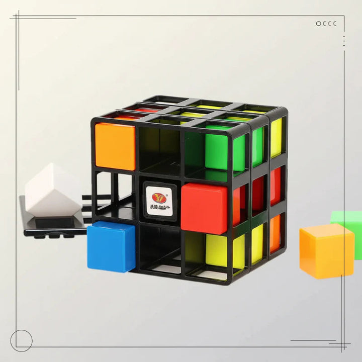 Open-frame 3x3 puzzle cube with loose colored blocks beside it