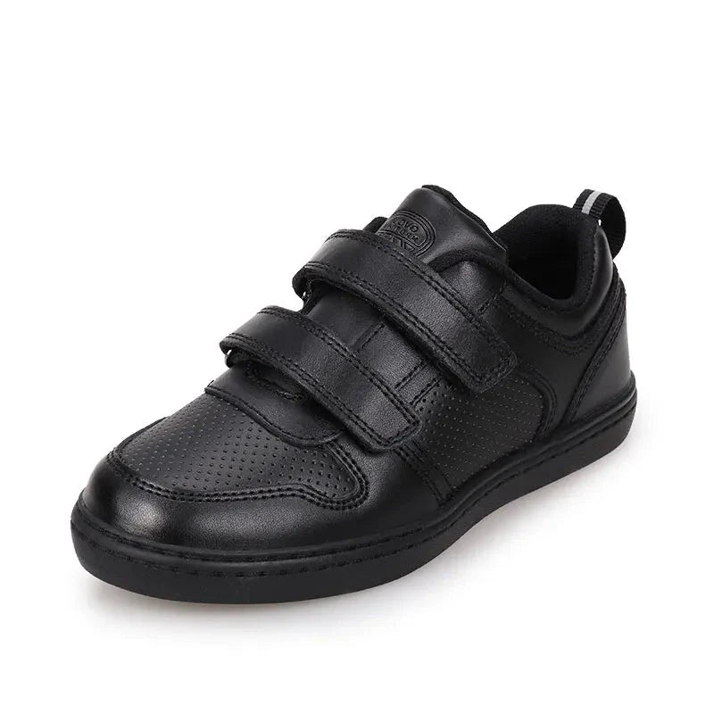 Angled front view of a black leather sneaker with two hook-and-loop straps