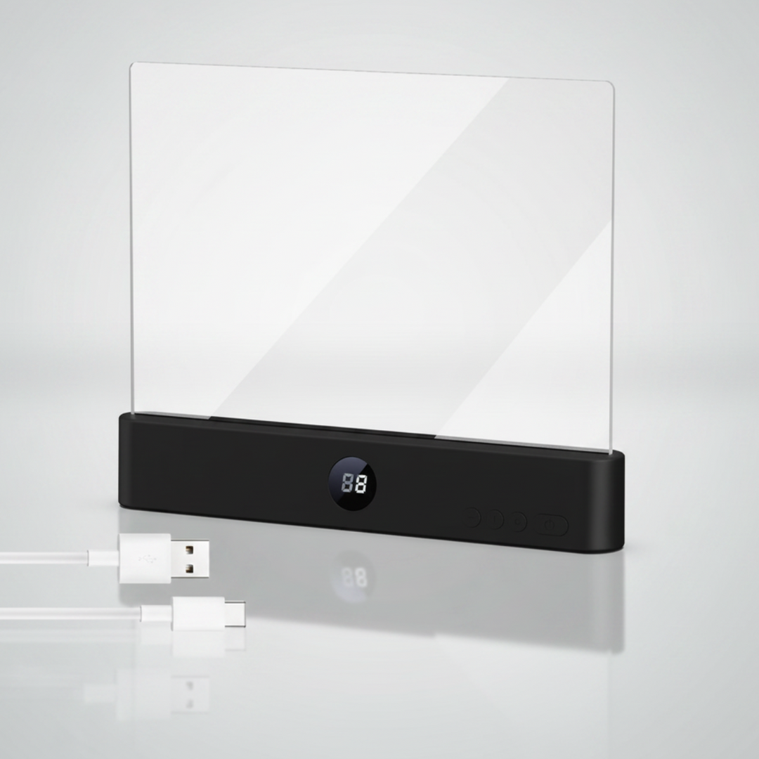 Black clear-panel LED book light shown with a USB charging cable