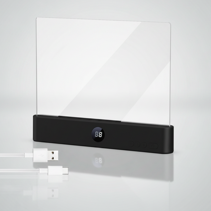Black clear-panel LED book light shown with a USB charging cable