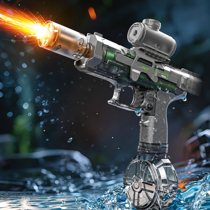 Black water blaster with a scope, glowing barrel, and transparent drum-style reservoir