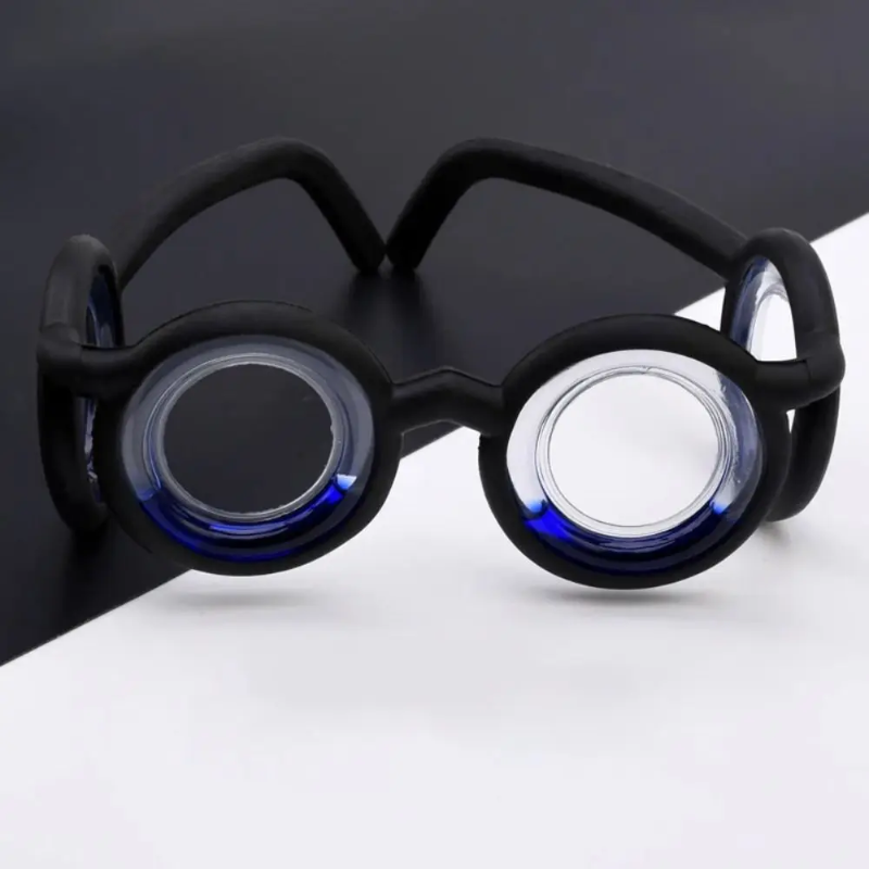Black lens-free travel glasses with round blue liquid chambers