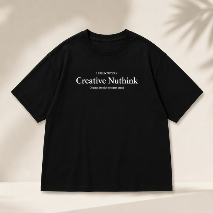 Front of a black crew-neck T-shirt with centered lettering