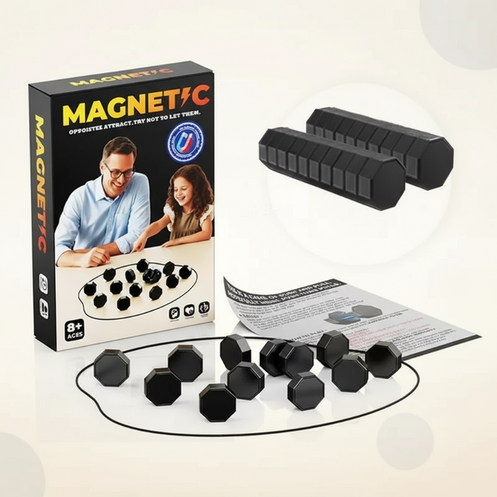 Black magnetic game set with stones, boundary cord, instruction sheet, and box