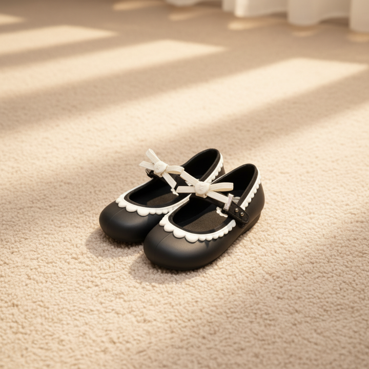 Black bow Mary Jane shoes with white scalloped edging on a sunlit carpet