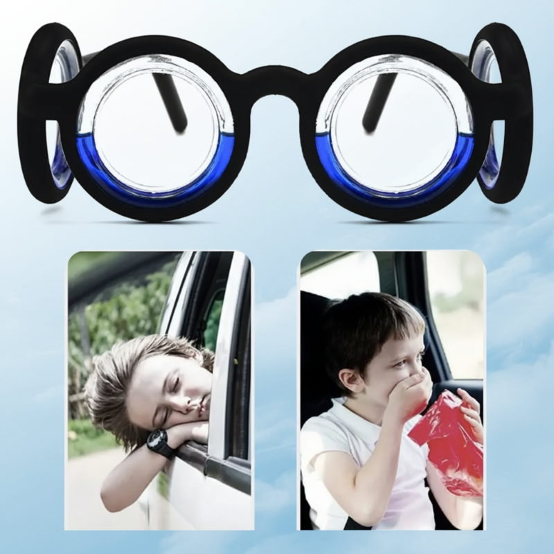 Black travel glasses with blue liquid rings above two car-travel scenes