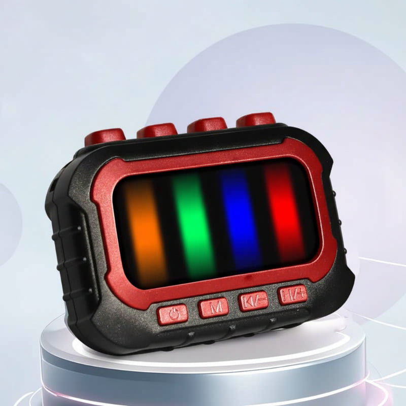 Black musical fidget game with red trim and four colored light bars.
