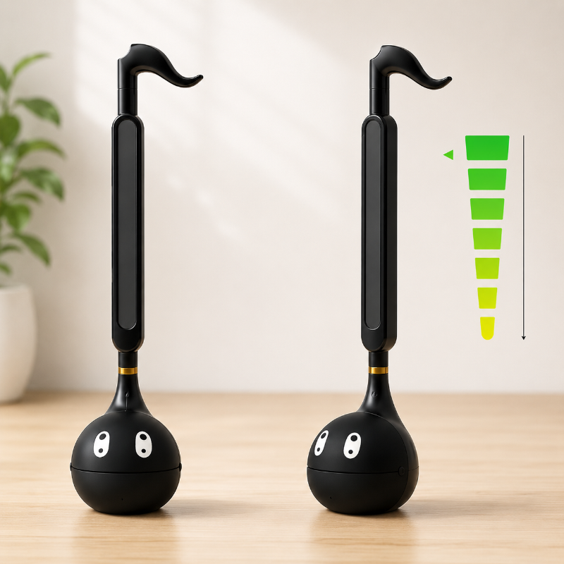 Black musical-note toy shown in two front views beside a volume-level graphic.