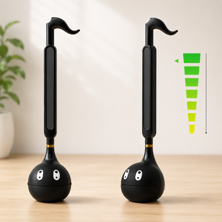 Black musical-note toy shown in two front views beside a volume-level graphic.