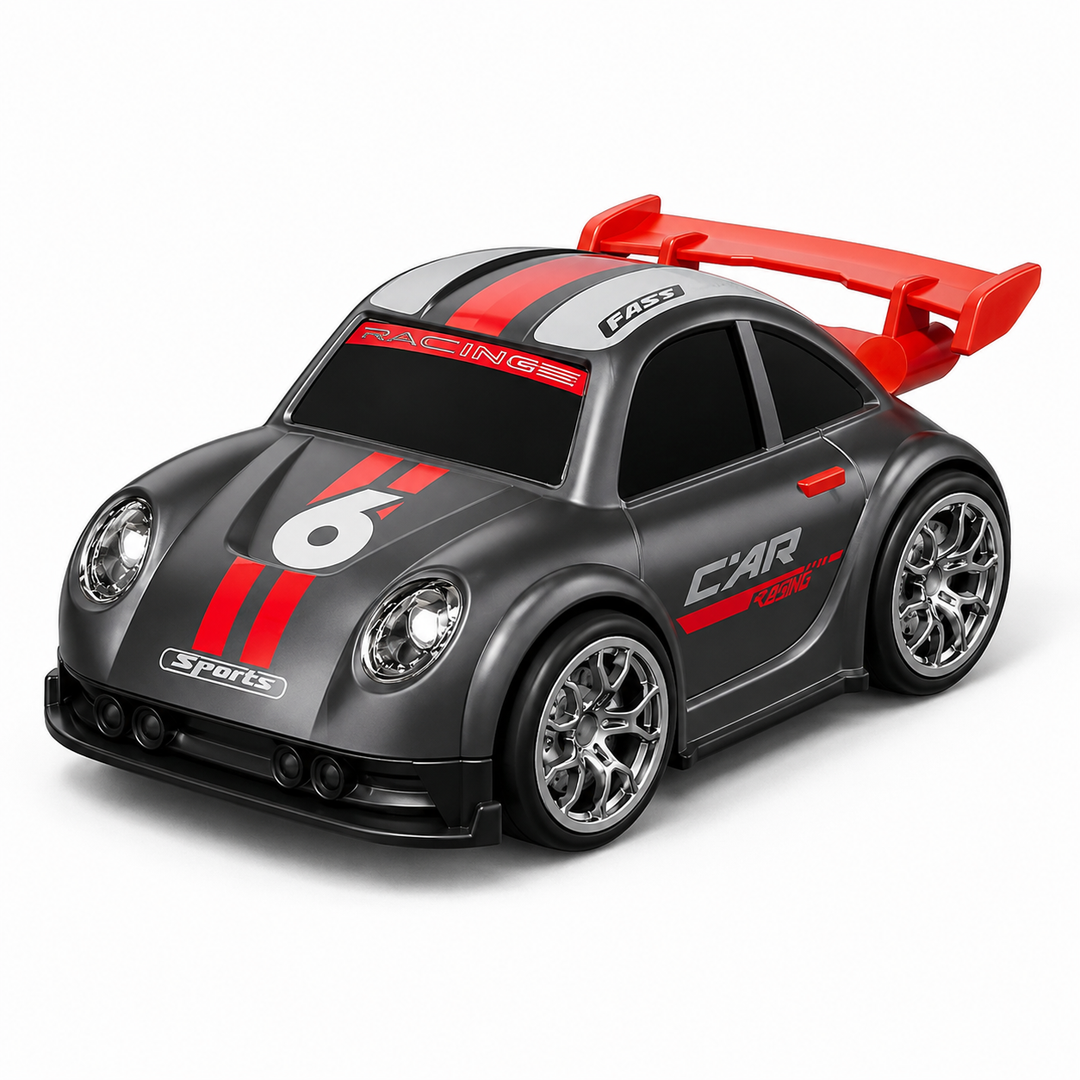 Black RC stunt car without a camera, with red stripes and a rear spoiler