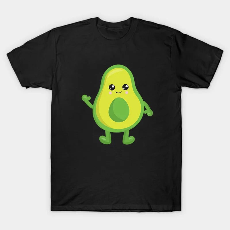 Black T-shirt with a smiling green avocado character without a pit