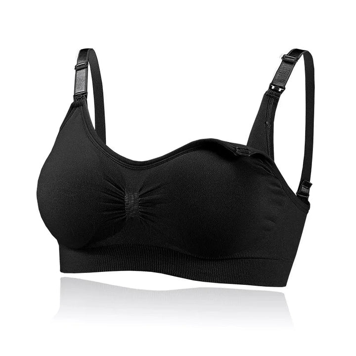 Black nursing bra with a ribbed band, gathered cups, and front nursing clips.
