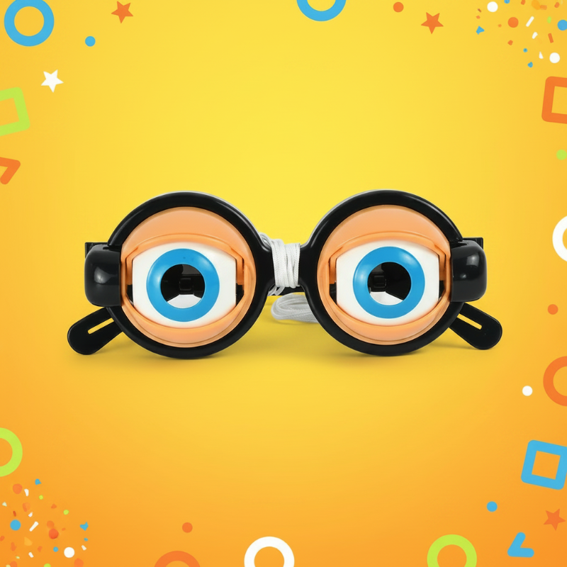 Black blinking toy glasses with orange eyelids and large blue eyes