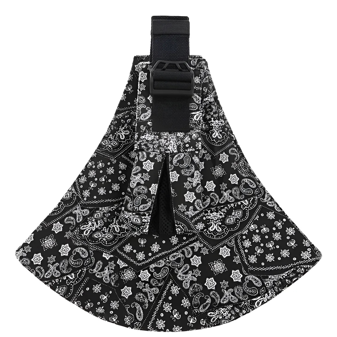 Black-and-white paisley hip carrier with a black buckle and shoulder strap
