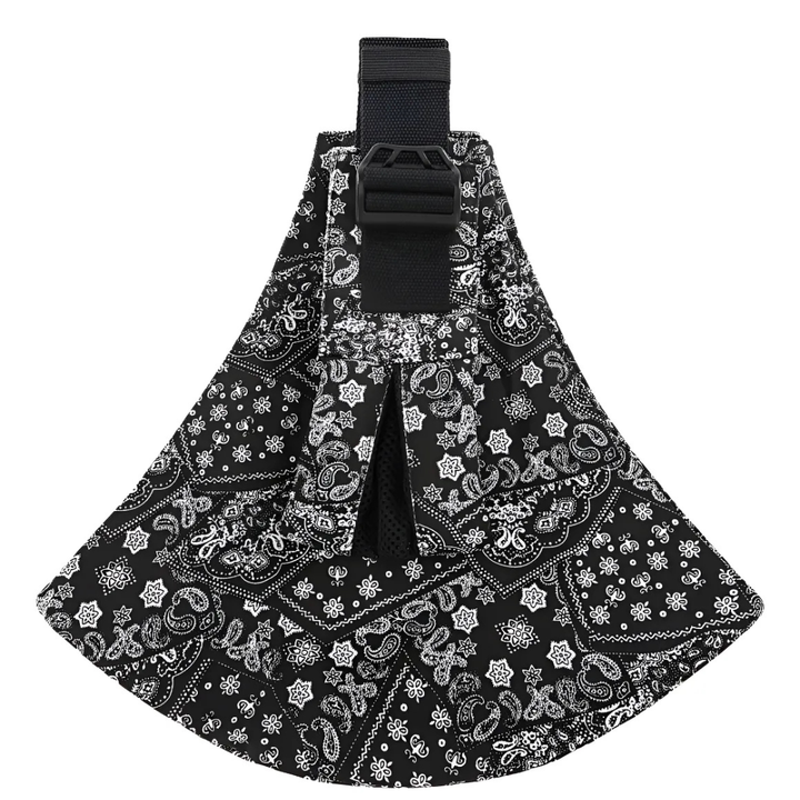 Black-and-white paisley hip carrier with a black buckle and shoulder strap
