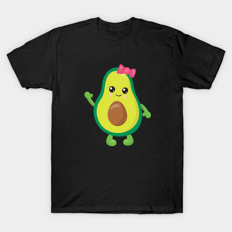 Black short-sleeve T-shirt with a smiling avocado character wearing a pink bow