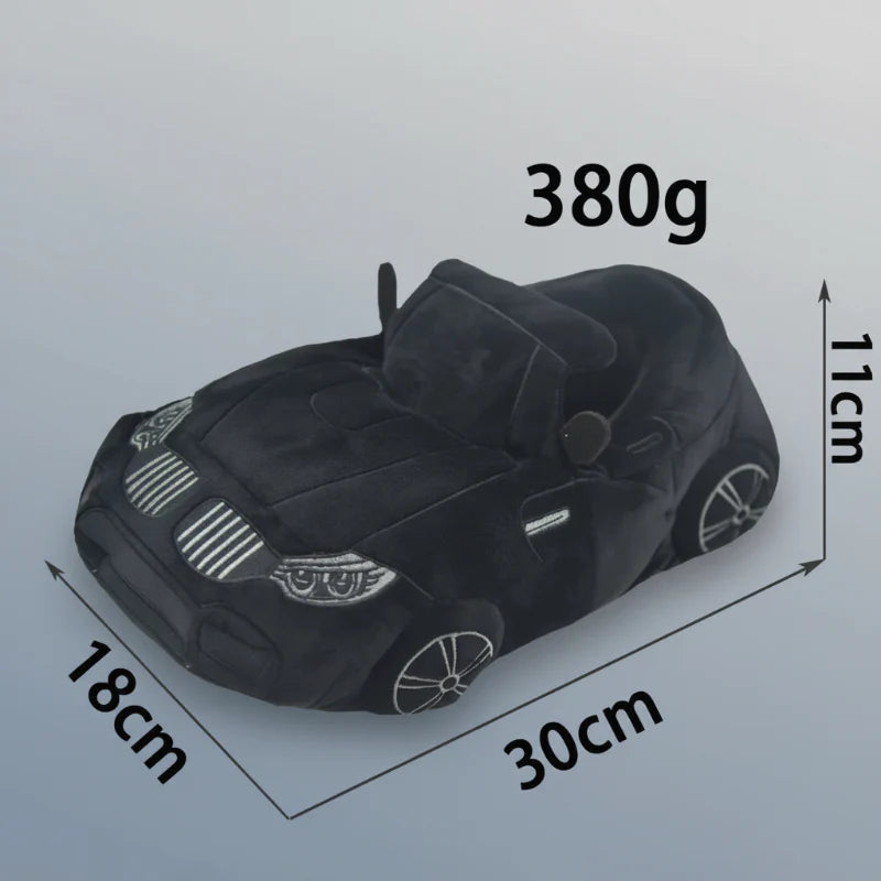 Black car slipper with graphic labels showing 30 x 18 x 11 cm and 380 g