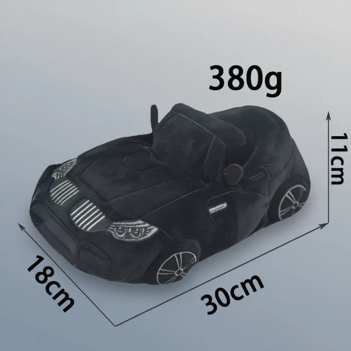 Black car slipper with graphic labels showing 30 x 18 x 11 cm and 380 g
