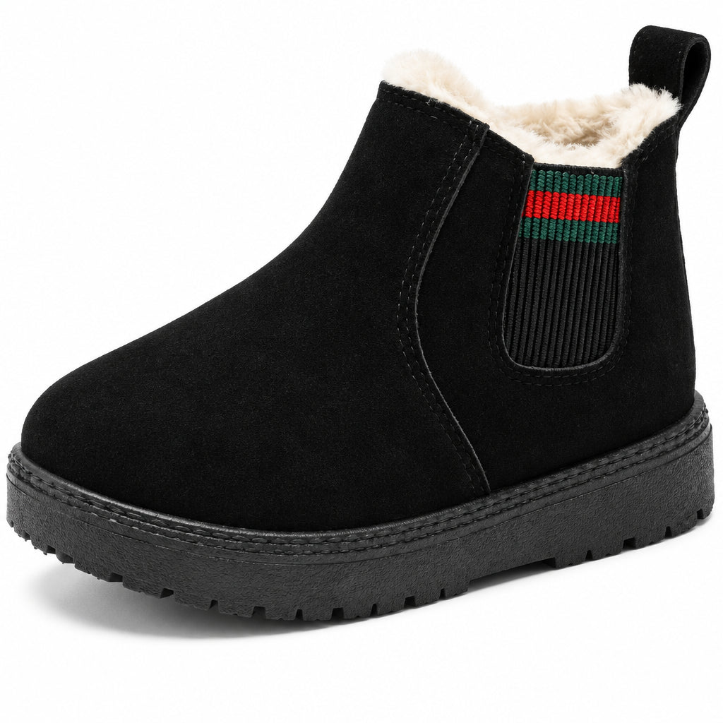Single black suede winter boot with plush lining and a textured rubber sole on a white background.