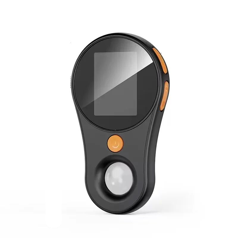 Black pocket digital microscope with orange buttons, a built-in screen and a lower viewing lens.