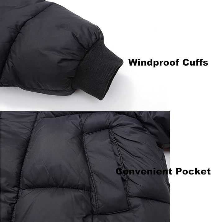 Close-up views of a black quilted coat&