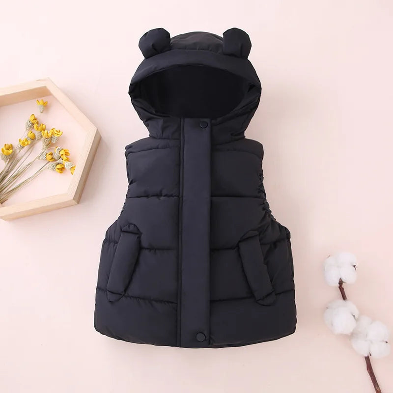 Black quilted vest with a bear-ear hood and covered front closure