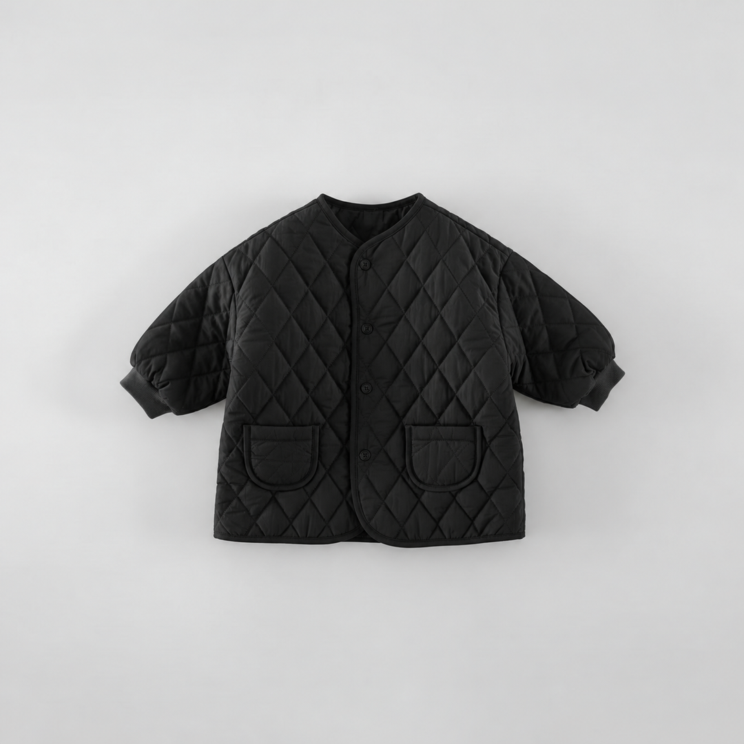 Front view of a black diamond-quilted jacket with snaps and two patch pockets