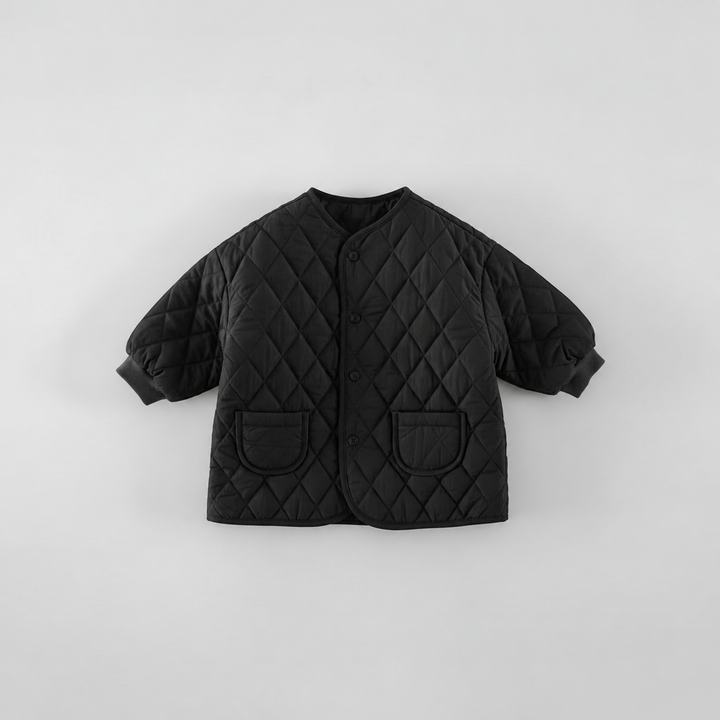 Front view of a black diamond-quilted jacket with snaps and two patch pockets