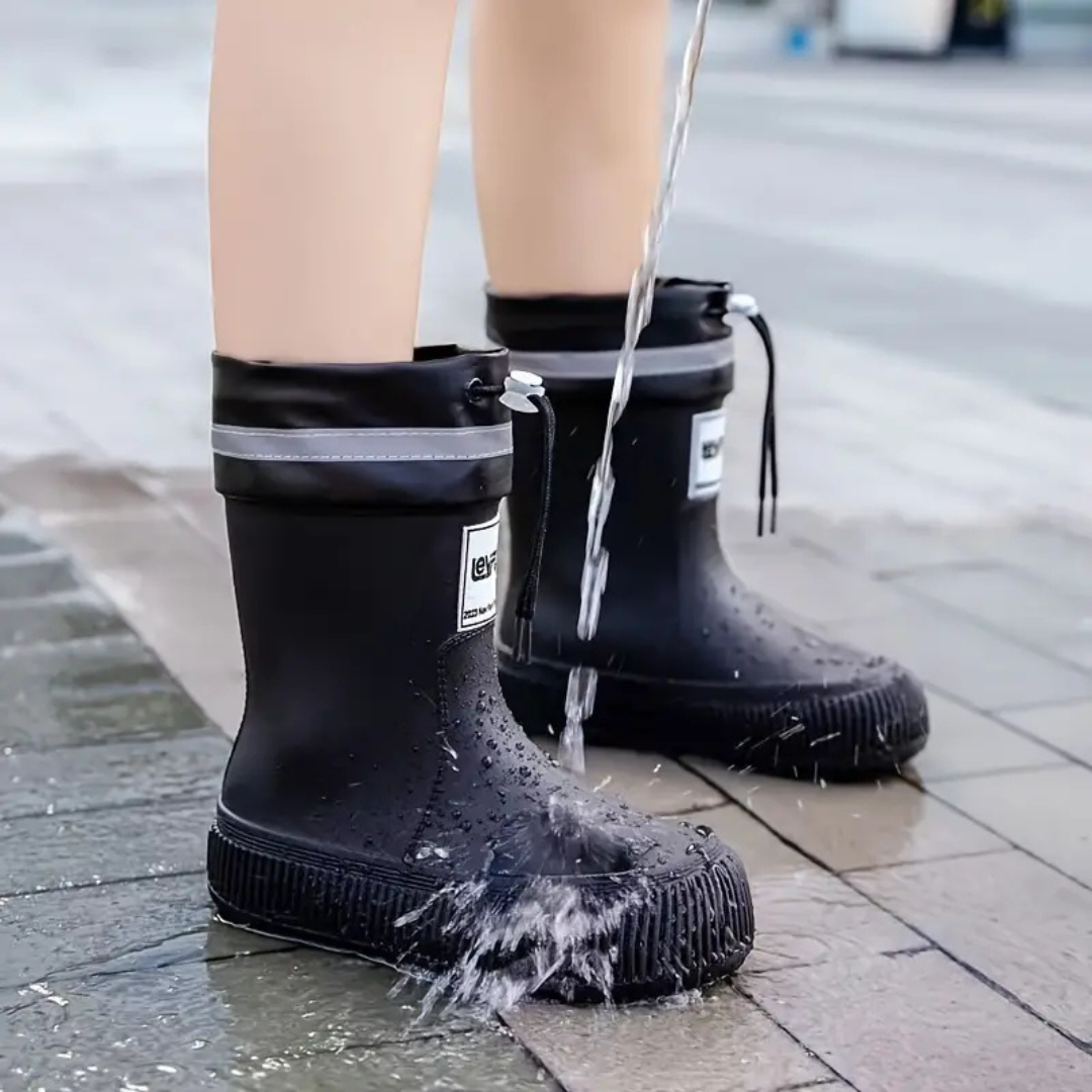 Water splashing over black rain boots on wet paving