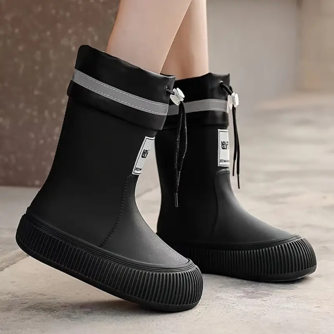 Black rain boots worn with gray cuff bands and drawstring closures