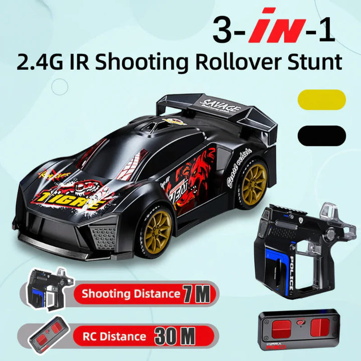 Black RC stunt car with 7 m infrared shooting and 30 m remote-control range labels