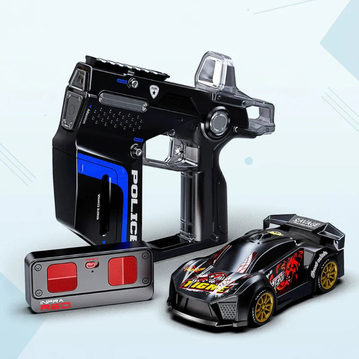 Black RC racing car beside a matching pistol-shaped controller and handheld remote