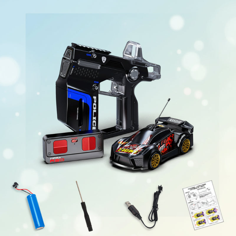 Black RC car set with two controllers, rechargeable battery, USB cable, screwdriver, and instructions