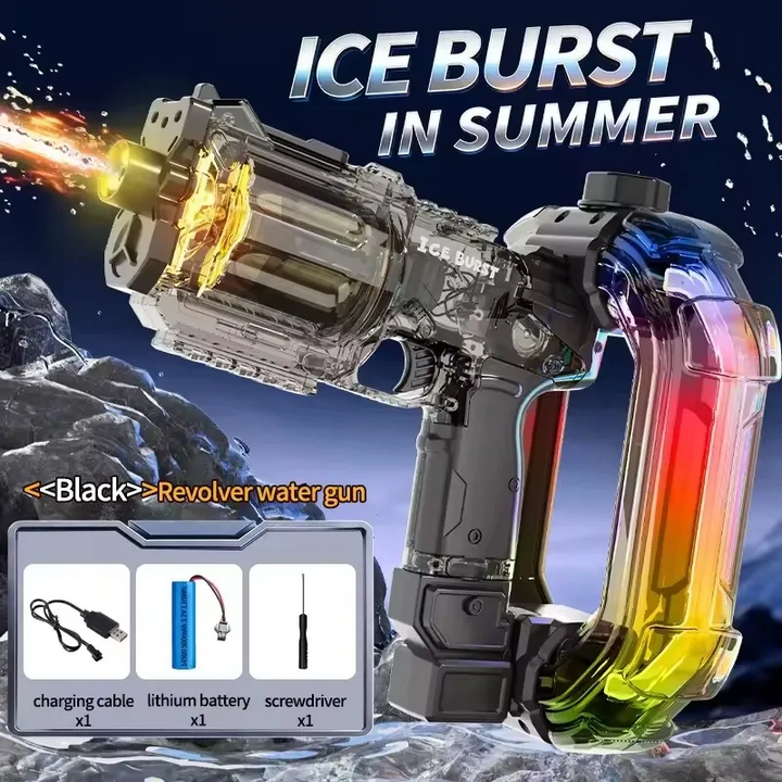 Black revolver-style water gun with a gradient reservoir and included charging accessories.