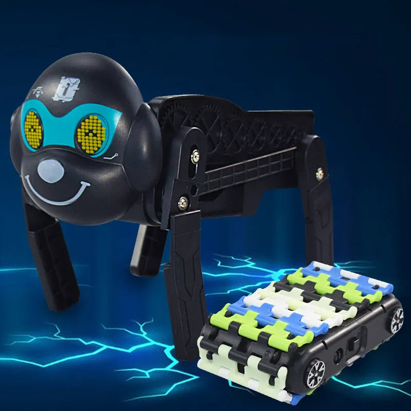 Black robot dog beside a toy car with blue, white, and green linked treads