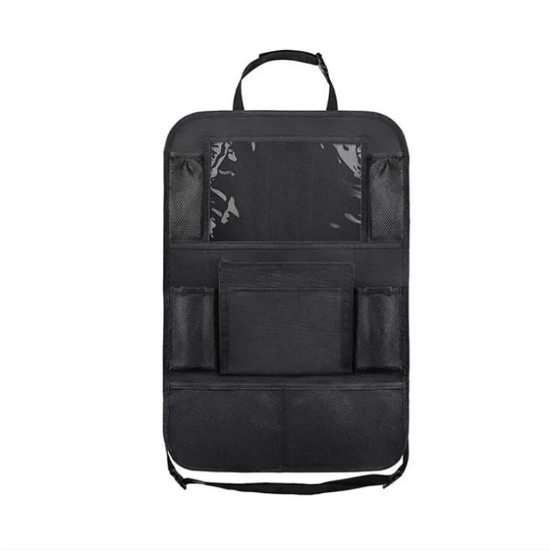 Front view of a black car seat organizer with a clear tablet pocket and multiple storage compartments