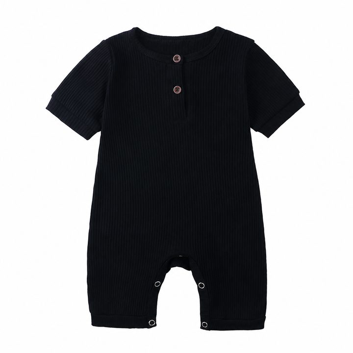 Black ribbed cotton baby romper with short sleeves, a button neckline, and snap leg openings