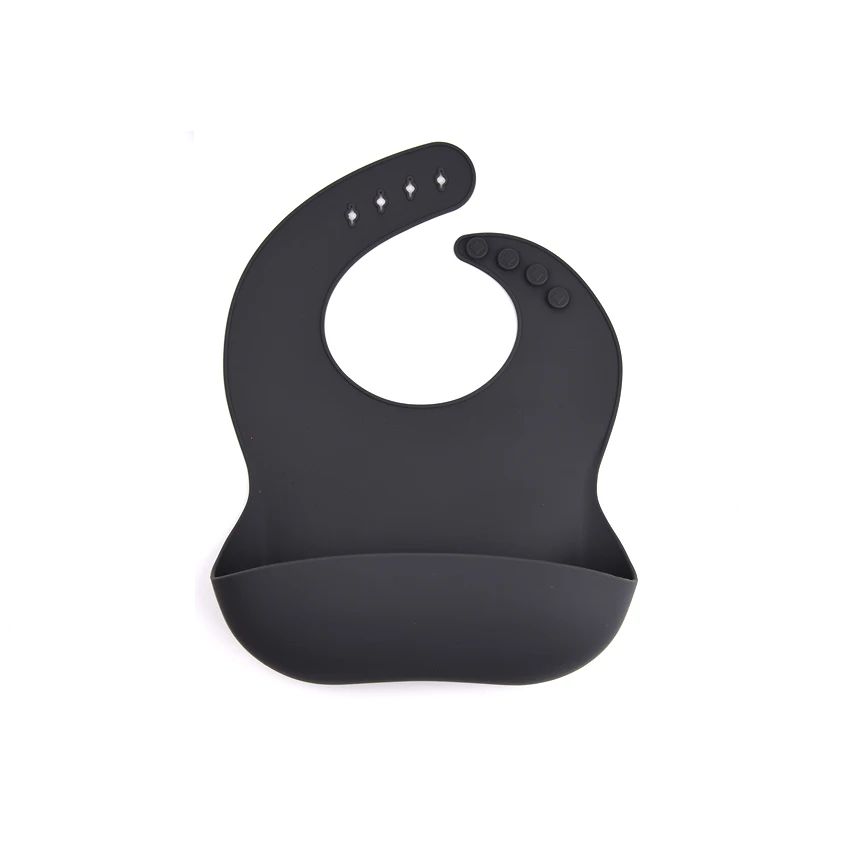 Black silicone bib with a food-catching pocket and adjustable neck closure.