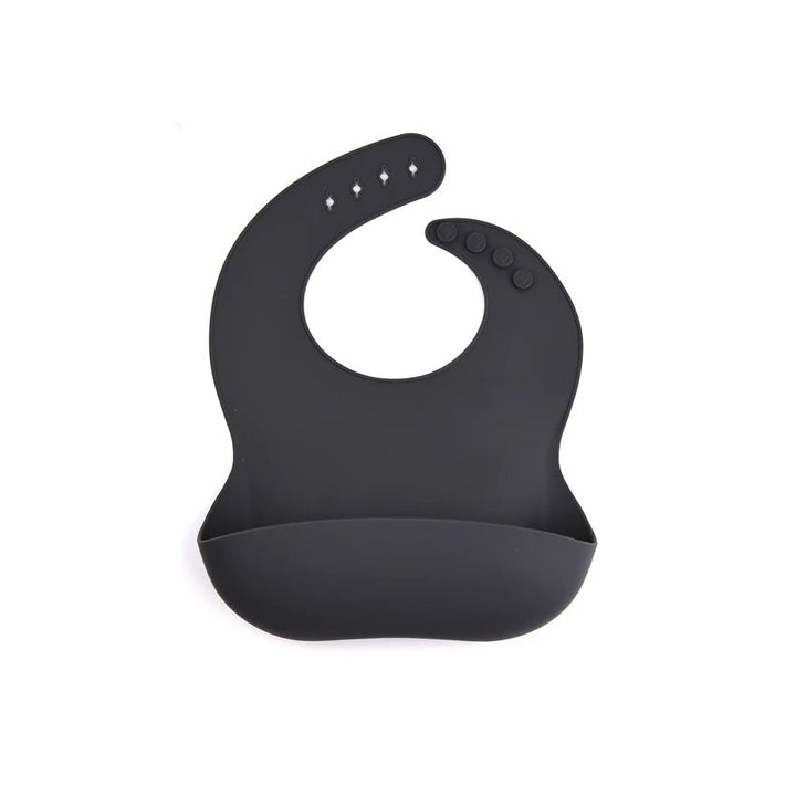 Black silicone bib with a food-catching pocket and adjustable neck closure.