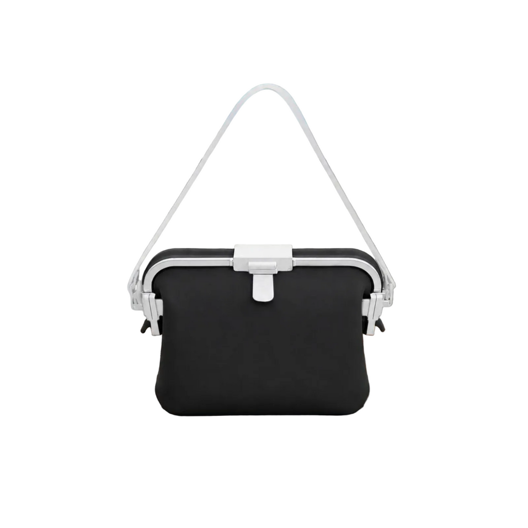 Black silicone shoulder bag with a white strap and white top clasp.